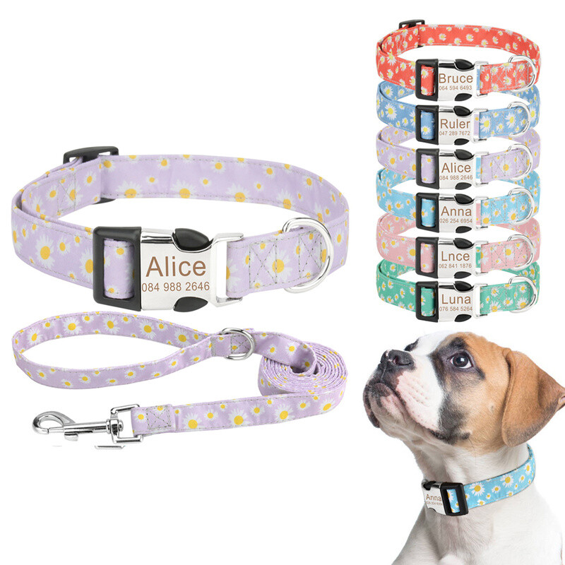 Set de zgardă și lesă pentru câini DIY, model de flori, personalizat, gravat, nume de identificare pentru pisici mici, mijlocii mari, lesă în aer liber