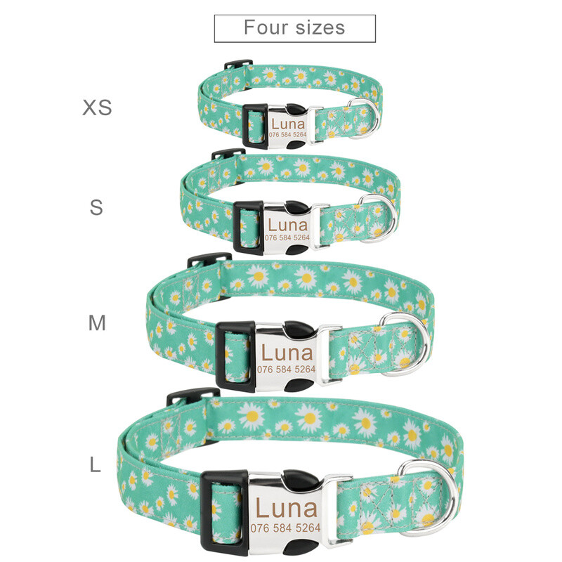 Set de zgardă și lesă pentru câini DIY, model de flori, personalizat, gravat, nume de identificare pentru pisici mici, mijlocii mari, lesă în aer liber