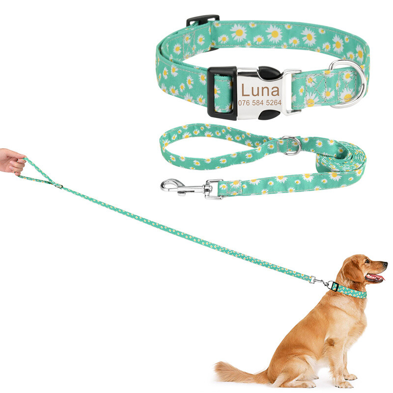 Set de zgardă și lesă pentru câini DIY, model de flori, personalizat, gravat, nume de identificare pentru pisici mici, mijlocii mari, lesă în aer liber