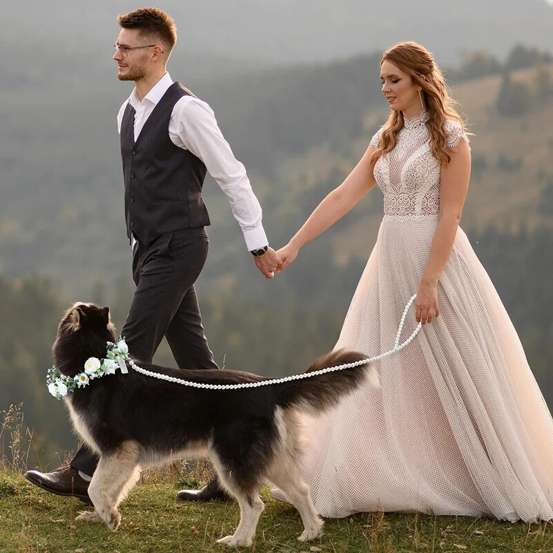 Šuns gėlių antkaklis ir pavadėlis šunims 120 cm perlai su karoliukais šunų pavadėlis šunų antkakliai vestuvinei aprangai Vainikas augintinio nuotraukos rekvizitas