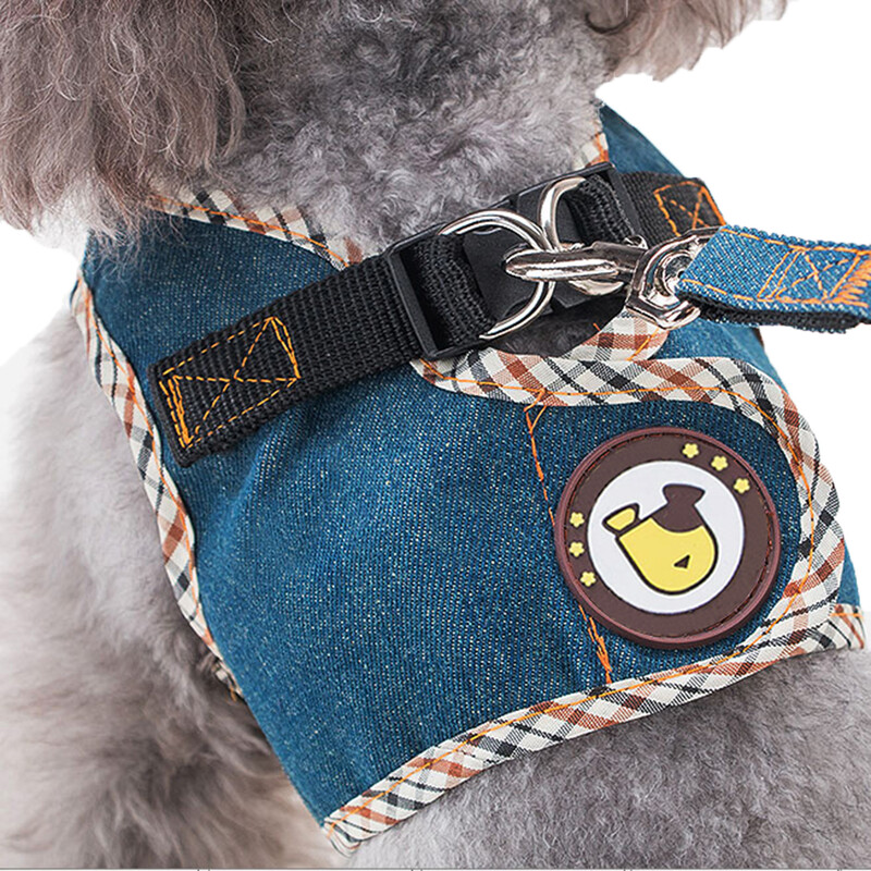 Šunų pakinktų liemenė ir pavadėlio rinkinys mažiems ir vidutinio dydžio šunims šuniukų džinsų liemenė su 1,2 M vaikščiojimo pavadėliu