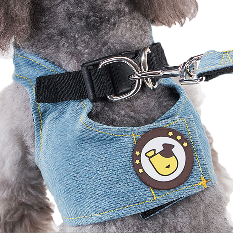 Šunų pakinktų liemenė ir pavadėlio rinkinys mažiems ir vidutinio dydžio šunims šuniukų džinsų liemenė su 1,2 M vaikščiojimo pavadėliu