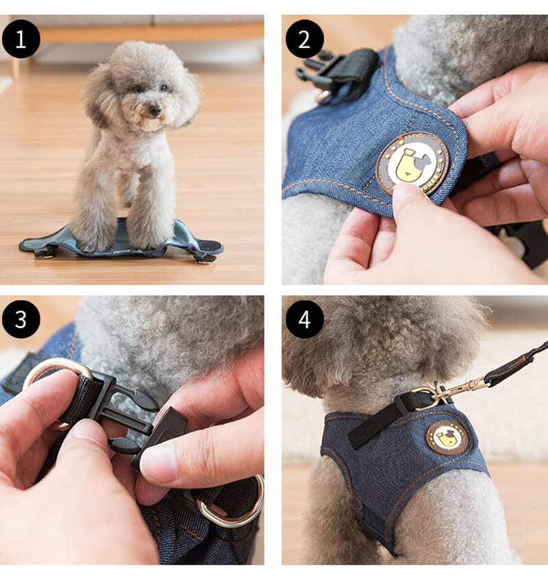 Šunų pakinktų liemenė ir pavadėlio rinkinys mažiems ir vidutinio dydžio šunims šuniukų džinsų liemenė su 1,2 M vaikščiojimo pavadėliu