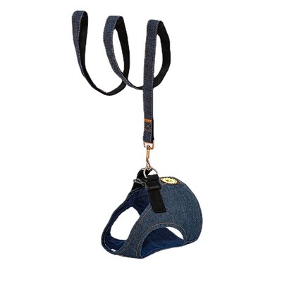 Patvarus šunų džinsinio diržo ir pavadėlio rinkinys, reguliuojamas žingsnis iš lengvų naminių džinsų liemenių diržų mažiems ir vidutiniams šunims buldogai