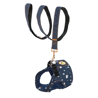 Patvarus šunų džinsinio diržo ir pavadėlio rinkinys, reguliuojamas žingsnis iš lengvų naminių džinsų liemenių diržų mažiems ir vidutiniams šunims buldogai