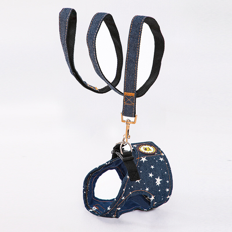 Patvarus šunų džinsinio diržo ir pavadėlio rinkinys, reguliuojamas žingsnis iš lengvų naminių džinsų liemenių diržų mažiems ir vidutiniams šunims buldogai