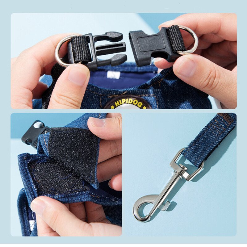 Patvarus šunų džinsinio diržo ir pavadėlio rinkinys, reguliuojamas žingsnis iš lengvų naminių džinsų liemenių diržų mažiems ir vidutiniams šunims buldogai