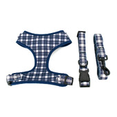 Collarlogo Guler ajustabil pentru câine de companie Durabil, moale, creativ, albastru, alb, design carouri, lesă, ham din neopren, dozator de pungi pentru caca