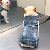 Franču buldogu džinsu jaka ar melnu pavadu Izturīgs džinsa apģērbs suņiem maziem suņiem ar D-Ring Designer Vintage ziemas veste