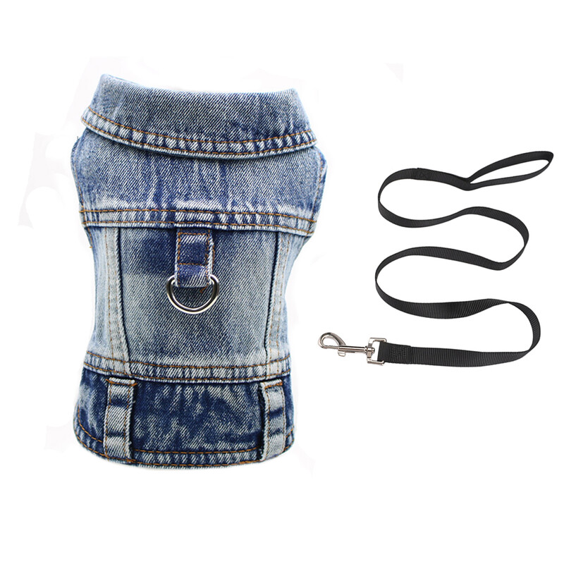 Franču buldogu džinsu jaka ar melnu pavadu Izturīgs džinsa apģērbs suņiem maziem suņiem ar D-Ring Designer Vintage ziemas veste