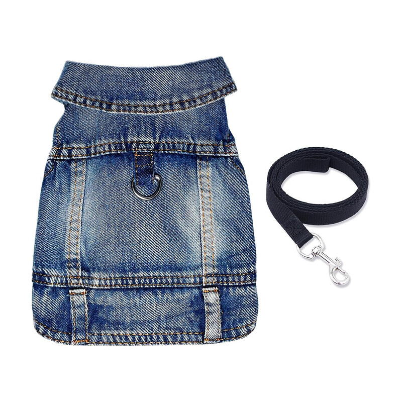 Franču buldogu džinsu jaka ar melnu pavadu Izturīgs džinsa apģērbs suņiem maziem suņiem ar D-Ring Designer Vintage ziemas veste