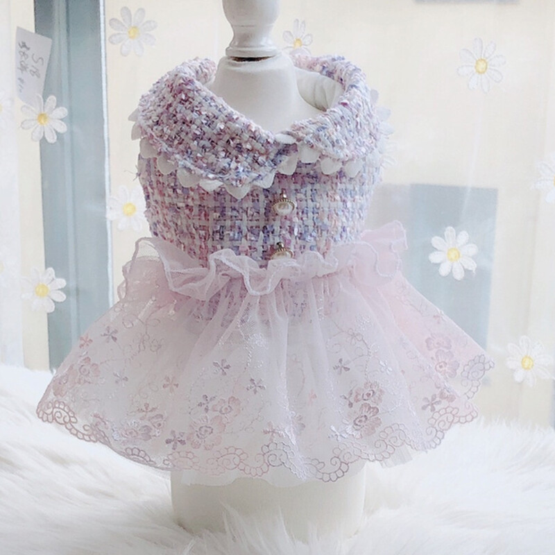 Princezná, šaty pre psov, mačacie šaty s kockovaným a čipkovaným dizajnom, dievčatko, domáce zviera, šteniatko, sukňa, teplé oblečenie