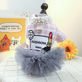 Prabangios šunų suknelės princesei mergaitei žieminiai rūbai naminiams gyvūnėliams Rožinis languotas perlinis tiulis sijonas diržas Paltas Striukė Apranga XS XL Kačių prekės