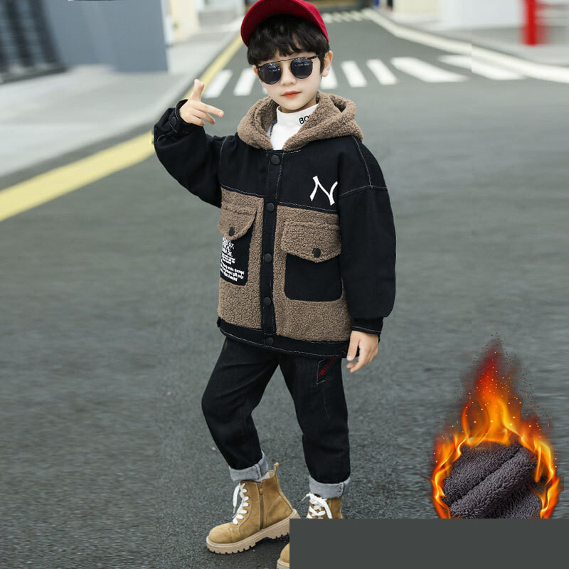 Rudens ir žiemos berniukų vilnoniai megztiniai, 2024 m. žiema, naujiena, plius aksominė stora šilta spalva blokuoti viršutiniai, gražūs dideliems berniukams