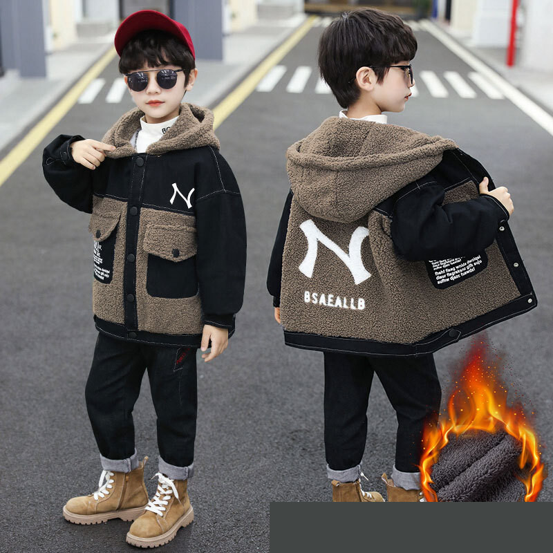 Rudens ir žiemos berniukų vilnoniai megztiniai, 2024 m. žiema, naujiena, plius aksominė stora šilta spalva blokuoti viršutiniai, gražūs dideliems berniukams