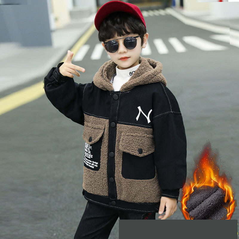 Rudens ir žiemos berniukų vilnoniai megztiniai, 2024 m. žiema, naujiena, plius aksominė stora šilta spalva blokuoti viršutiniai, gražūs dideliems berniukams