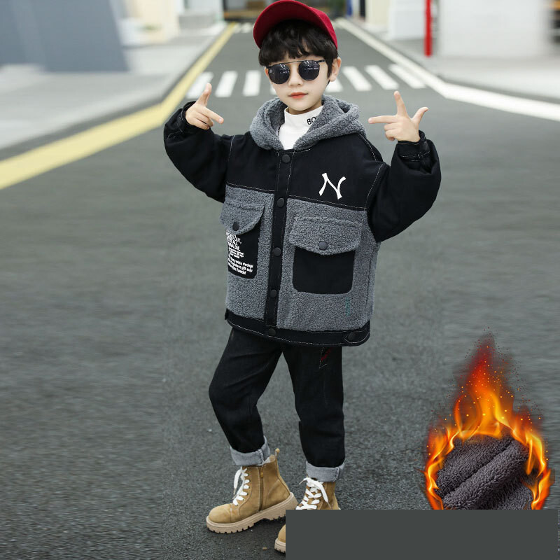 Rudens ir žiemos berniukų vilnoniai megztiniai, 2024 m. žiema, naujiena, plius aksominė stora šilta spalva blokuoti viršutiniai, gražūs dideliems berniukams