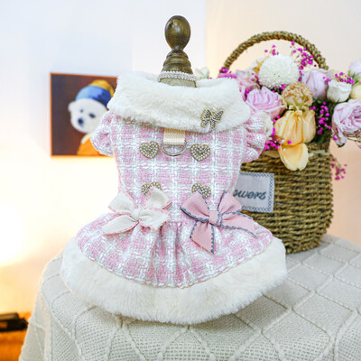 1 gab mājdzīvnieku apģērbs rudens/ziemas biezi rozā, maza tauriņa bantīšu kleita Princeses kleita maziem un vidējiem suņiem