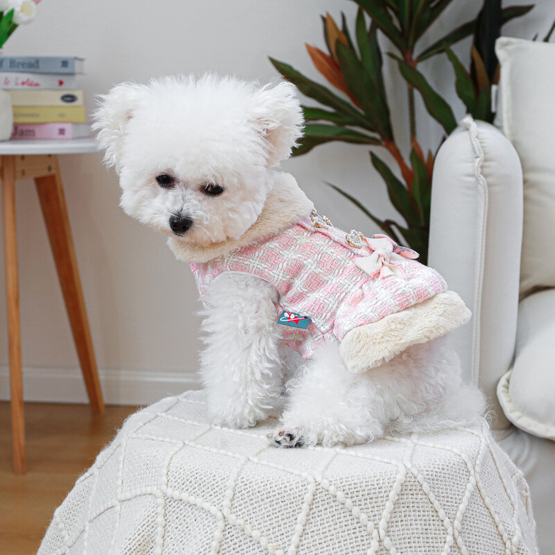 1 gab mājdzīvnieku apģērbs rudens/ziemas biezi rozā, maza tauriņa bantīšu kleita Princeses kleita maziem un vidējiem suņiem