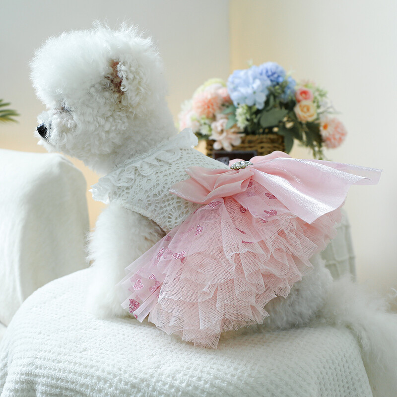 1 vnt. naminių gyvūnėlių drabužiai pavasario ir rudens rožinė širdelė Puff sijonas vestuvinė suknelė princesė, tinka mažiems ir vidutinio dydžio šunims