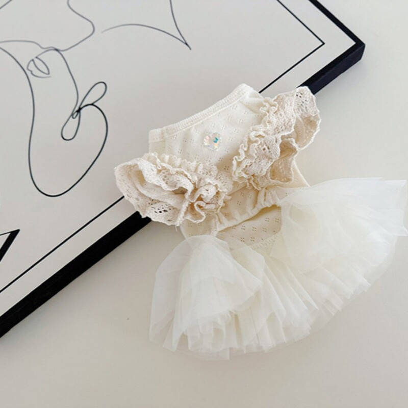 Kisállathálós alapruha, légáteresztő hálós pihe-puha csipke ujjú bézs géz szoknya Kutyaruhák kiskutyáknak kölyökruhák