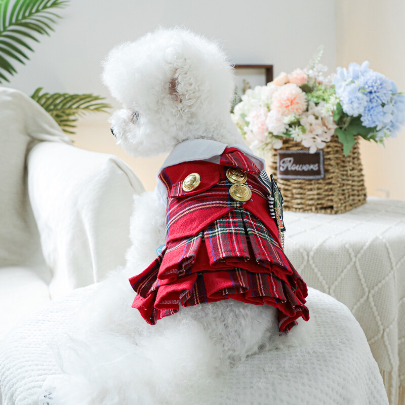 1PC îmbrăcăminte pentru animale de companie câine de primăvară și toamnă roșu insignă colegiu nobil fusta prințesă potrivită pentru câini de talie mică și mijlocie