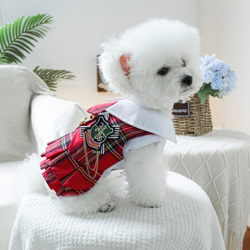 1PC îmbrăcăminte pentru animale de companie câine de primăvară și toamnă roșu insignă colegiu nobil fusta prințesă potrivită pentru câini de talie mică și mijlocie