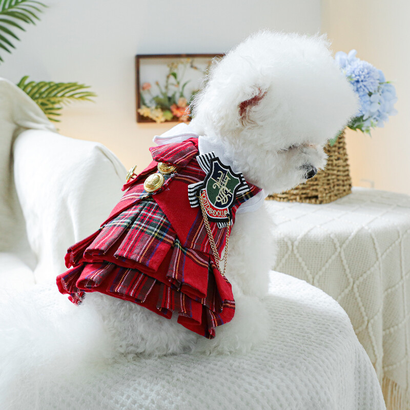 1PC îmbrăcăminte pentru animale de companie câine de primăvară și toamnă roșu insignă colegiu nobil fusta prințesă potrivită pentru câini de talie mică și mijlocie
