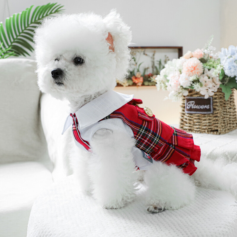 1PC îmbrăcăminte pentru animale de companie câine de primăvară și toamnă roșu insignă colegiu nobil fusta prințesă potrivită pentru câini de talie mică și mijlocie