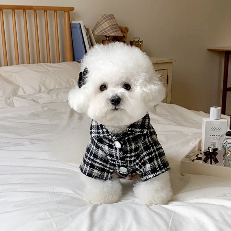 Téli kutyaruha Kisállat kutya meleg ruhák Fekete fehér csíkos kockás kutyapóló kölyök szoknya Vastag pamut kutyakabát Bichon macska mellény