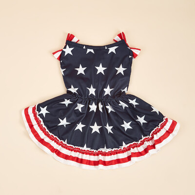 Dryžuoti marškiniai Mieli Bowknot Sundress American Flag Stars Printed Princess Summer Puppy Drabužiai Drabužiai su raukiniais Sma