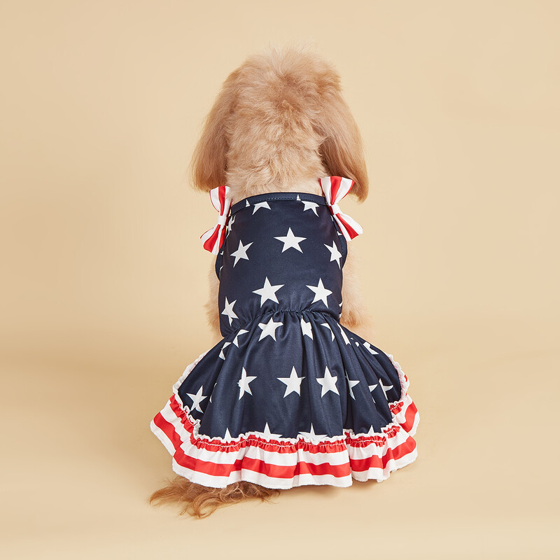 Dryžuoti marškiniai Mieli Bowknot Sundress American Flag Stars Printed Princess Summer Puppy Drabužiai Drabužiai su raukiniais Sma