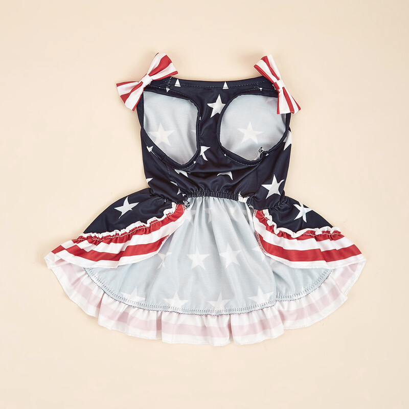 Dryžuoti marškiniai Mieli Bowknot Sundress American Flag Stars Printed Princess Summer Puppy Drabužiai Drabužiai su raukiniais Sma