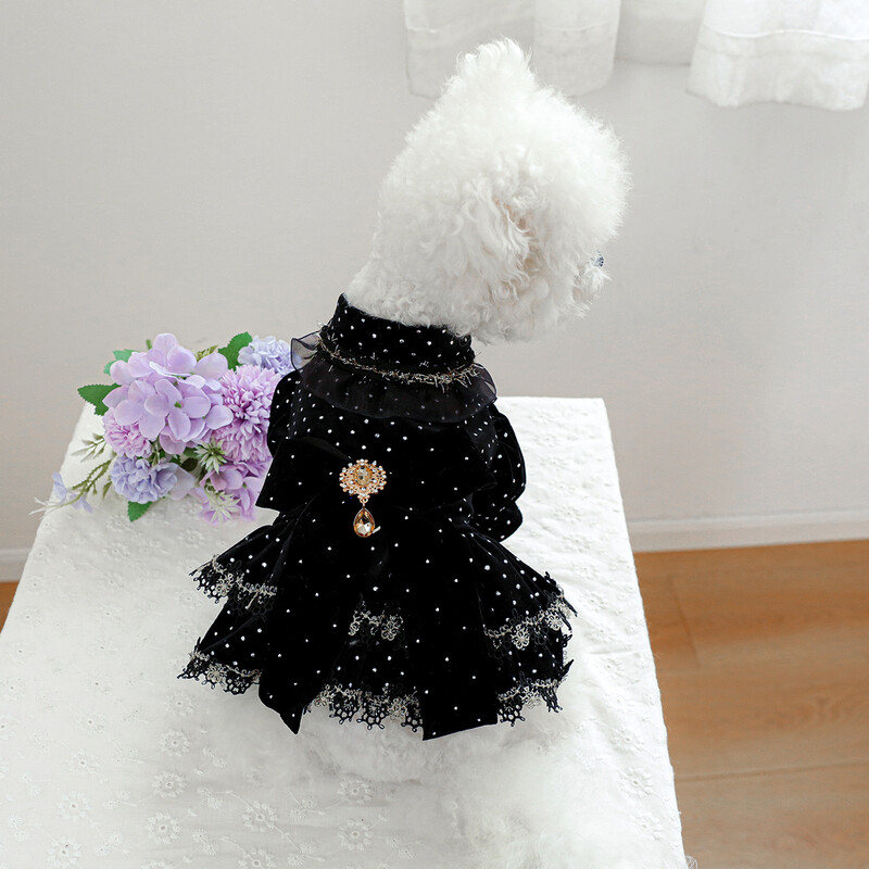 1PC îmbrăcăminte pentru animale de companie, primăvară și toamnă, rochie aurie neagră, rochie de prințesă de nuntă, potrivită pentru câini de talie mică și mijlocie