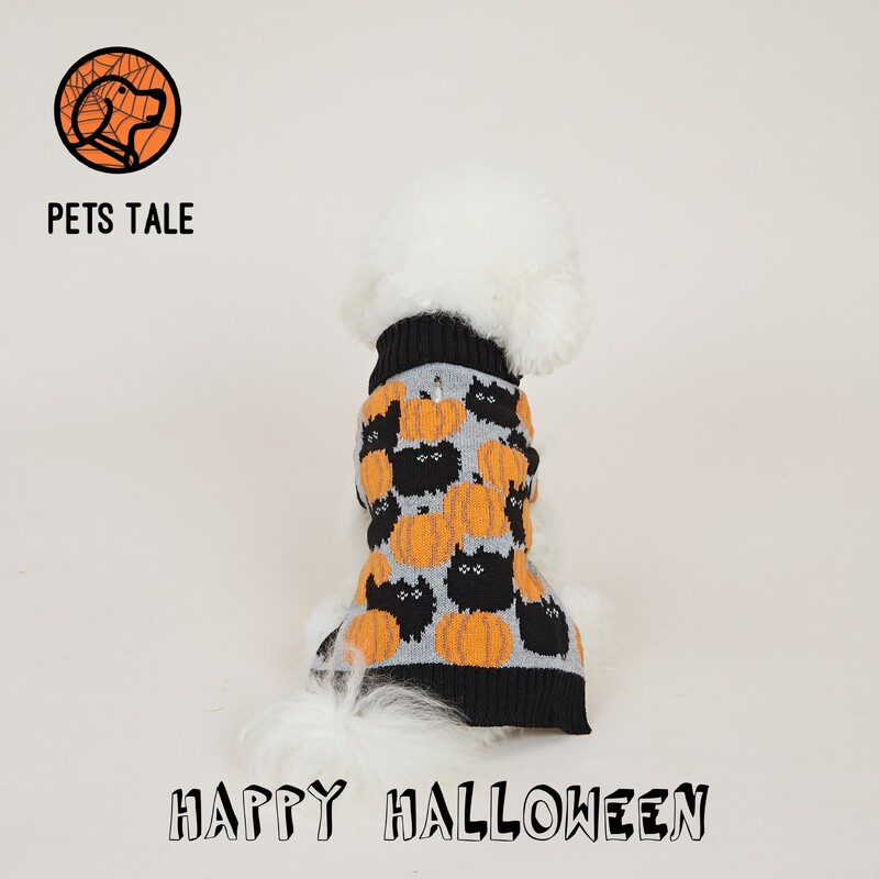 Pulover pentru câini cu guler dublu din dovleac și pisică de Halloween premium