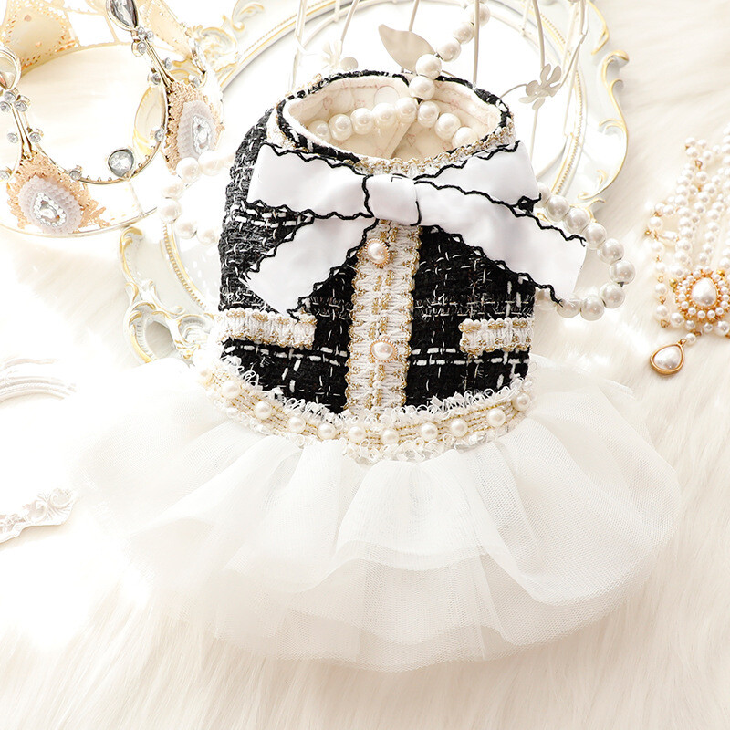 Animal de companie blană mozaic rochie plasă toamnă iarnă fundă pulover haină pisică prințesă fustă pufoasă de iarnă dantelă perlă câine mic ursuleț animal de companie