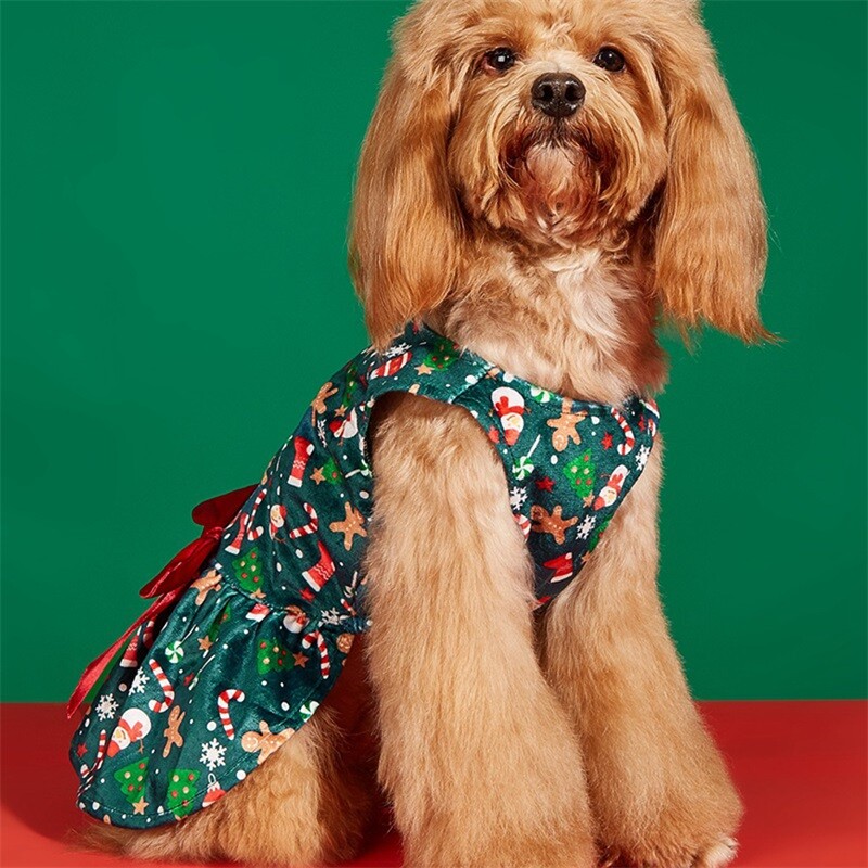 Ziemassvētku sniegavīrs, piparkūku vīrs, apdruka, zaļa mājdzīvnieka kleita, drēbes, 3D lente, bantīte ar apaļu kaklu mājdzīvnieku kostīms kaķa sunim