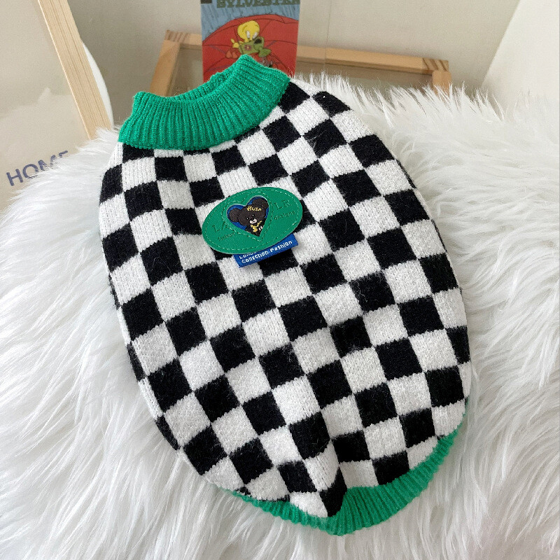 Juodas baltas šachmatinis megztinis Naminių šunų drabužiai Teddy Jorkšyro šnauceris Maltos katė Mažas šuo Rudens Žiemos Šuo Šiltas Megztinis