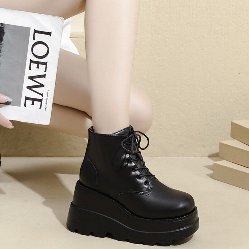 Platformas zoles ķīļveida kurpes 20cm Martin zābaki pavasara un rudens britu stila īsi zābaki Sieviešu īsie zābaki Lift Up kurpes