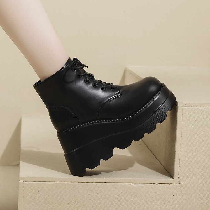 Platformas zoles ķīļveida kurpes 20cm Martin zābaki pavasara un rudens britu stila īsi zābaki Sieviešu īsie zābaki Lift Up kurpes