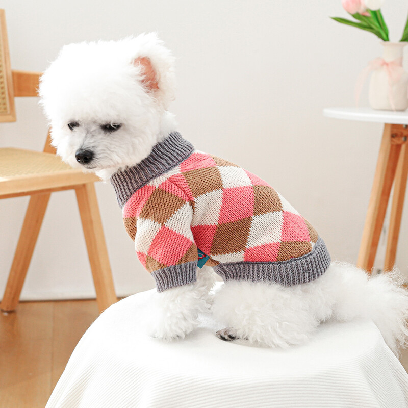 Teddy pet kucēnu kaķu drēbes ziemas jauns rozā kafijas rombs džemperis vairumtirdzniecība