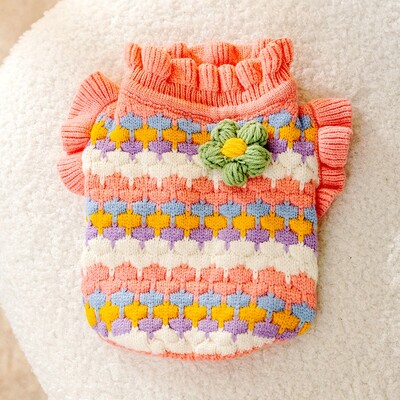 Žieminis šuns megztinis su gėlėmis Spausdinti šunų megztiniai Madingi šuniuko drabužiai Mieli minkšti katės megztiniai megztiniai šilti naminių gyvūnėlių kostiumai šunų drabužiai