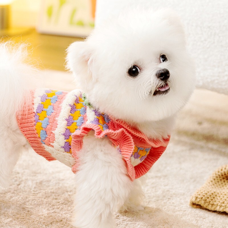 Žieminis šuns megztinis su gėlėmis Spausdinti šunų megztiniai Madingi šuniuko drabužiai Mieli minkšti katės megztiniai megztiniai šilti naminių gyvūnėlių kostiumai šunų drabužiai