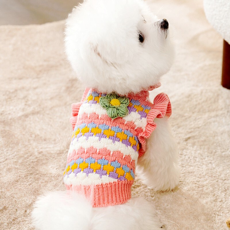 Žieminis šuns megztinis su gėlėmis Spausdinti šunų megztiniai Madingi šuniuko drabužiai Mieli minkšti katės megztiniai megztiniai šilti naminių gyvūnėlių kostiumai šunų drabužiai