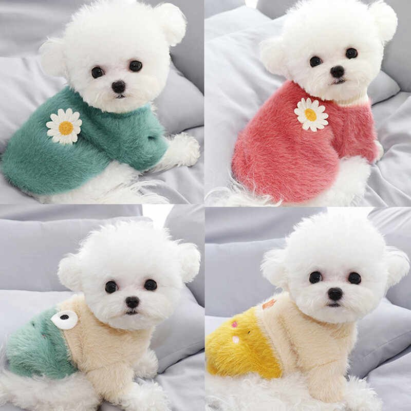 Jauki plīša apaļa kakla silta ziemas puķu džemperis Mīksts biezs suņu apģērbs maziem un vidējiem suņiem kucēnu kaķu mēteļu apģērbs