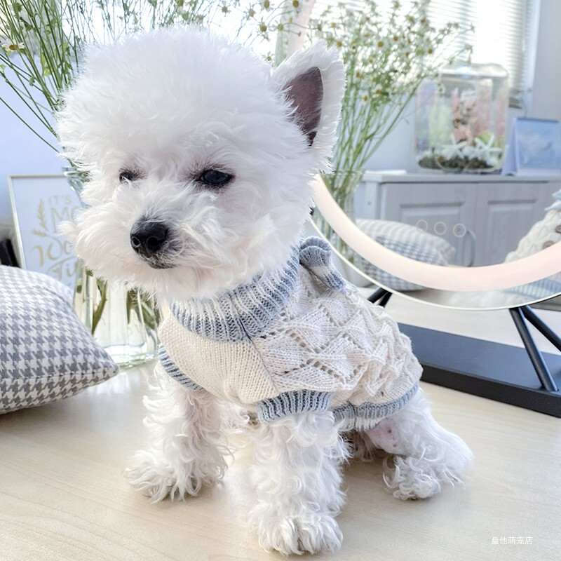 1PC îmbrăcăminte pentru animale de companie, toamnă, pisică, toamnă, iarnă, albastru, tricotat cu fundă, pulover elastic, potrivit pentru câini mici și mijlocii