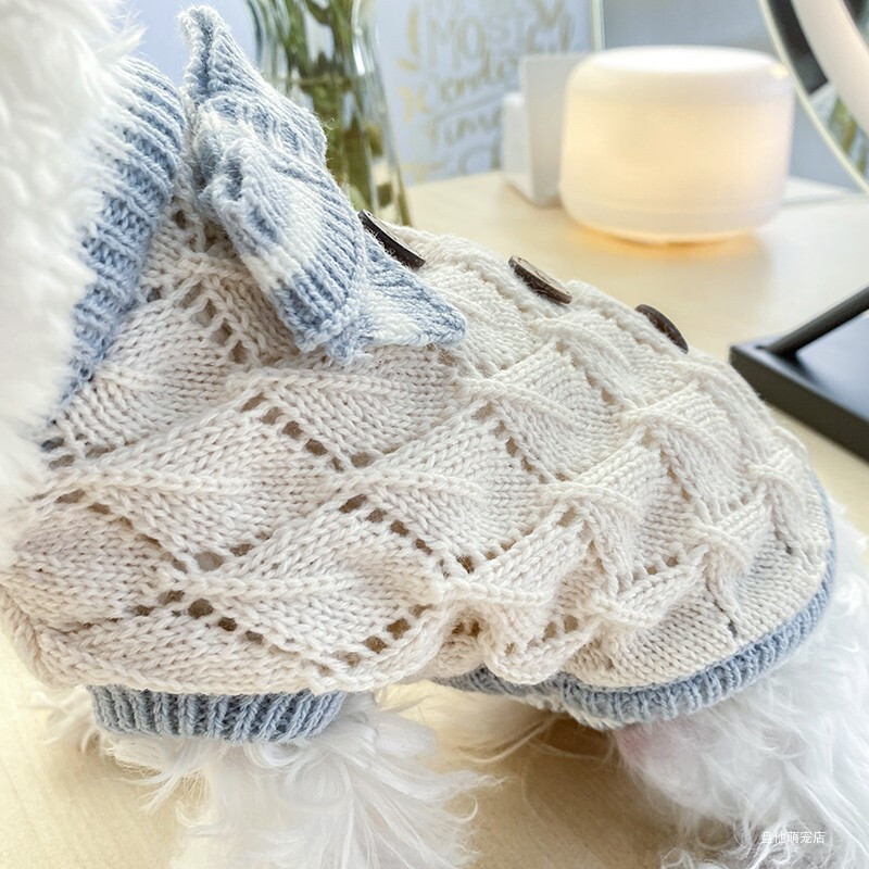 1PC îmbrăcăminte pentru animale de companie, toamnă, pisică, toamnă, iarnă, albastru, tricotat cu fundă, pulover elastic, potrivit pentru câini mici și mijlocii