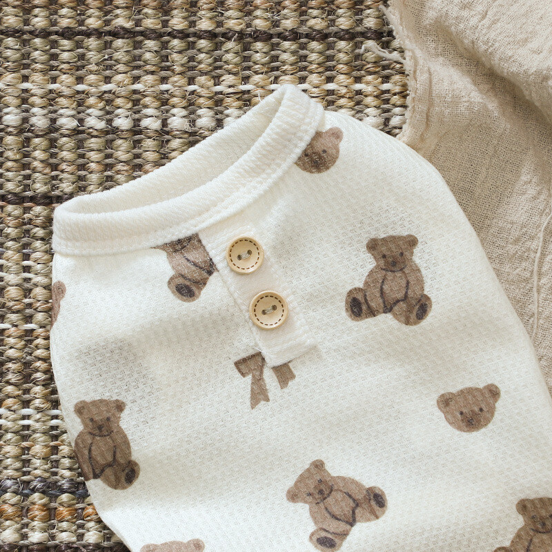Kölyökkutyák Ruhák Teddy Nyári Gofri felső Bear Print Legénységi Nyak Mellény Kisállat Rövid ujjú Kölyökkutya Légáteresztő Lábak Kutya Kiegészítők