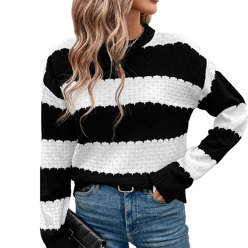 Nauji europietiški ir amerikietiški nauji tarpvalstybiniai moteriški drabužiai megztinis su apvalia kakle, juodos ir baltos spalvos kontrasto dryžuotas megztinis megztinis