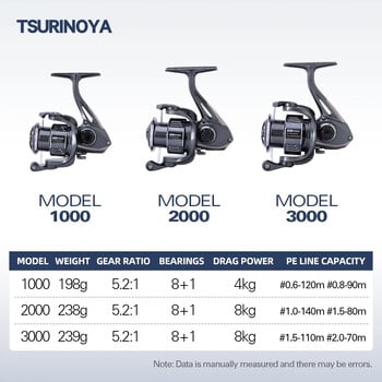 TSURINOYA METIS 1000 2000 3000 Въртяща се макара за риболов 8 кг Макара за примамка Лека 8+1 лагера Бобина за соленоводен риболов